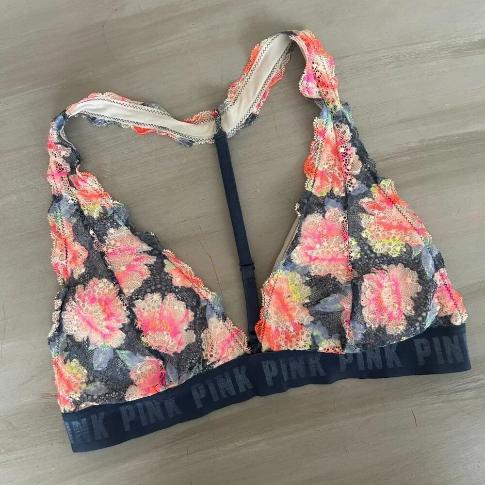 Victoria's Secret Bralette Size Large Blue Floral Lace Wireless Adjustable